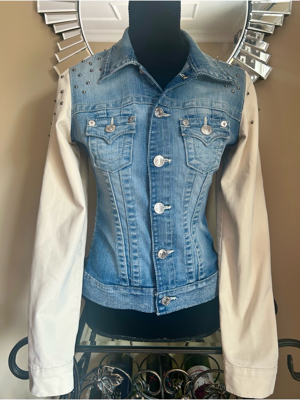 True Religion Light Blue Denim Jacket with White Sleeves & Studs